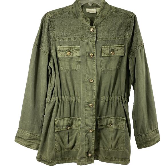 Chicos Military Green Jacket Womens Small Drawstring Waist Lightweight Button Up - Picture 1 of 12